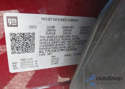 2024 Chevrolet Trax Fwd 1Rs из США, поврежденный, VIN KL77LGE27RC018545